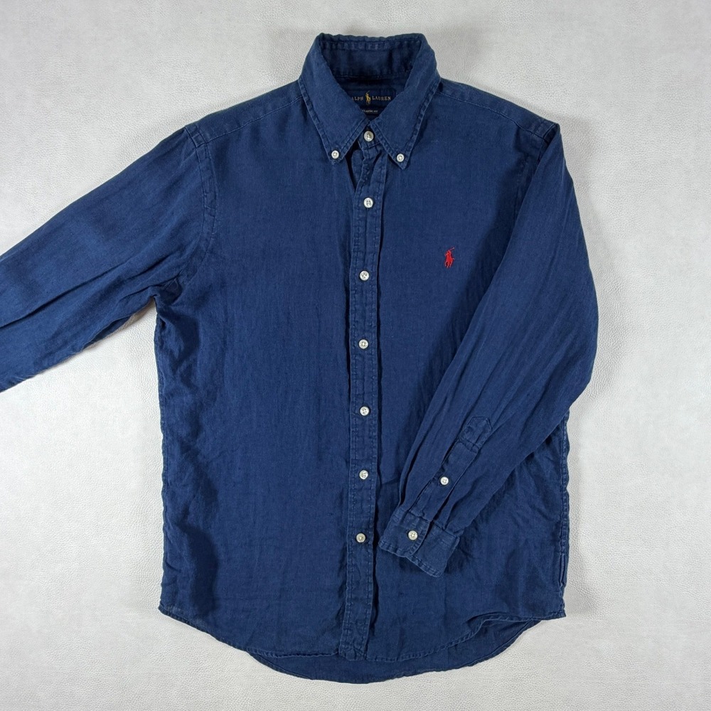 Ralph Lauren Mens Classic Fit Navy Blue 100% Linen Button Down Shirt Small SP